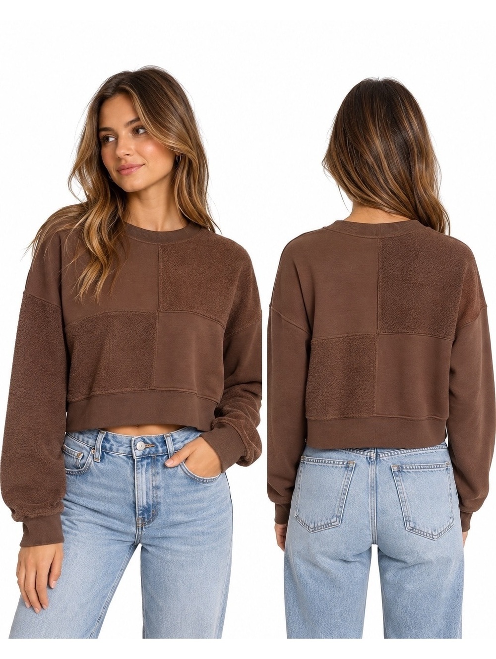 NWT Abercrombie & Fitch brown patchwork/colorblock cropped crewneck sweatshirt S